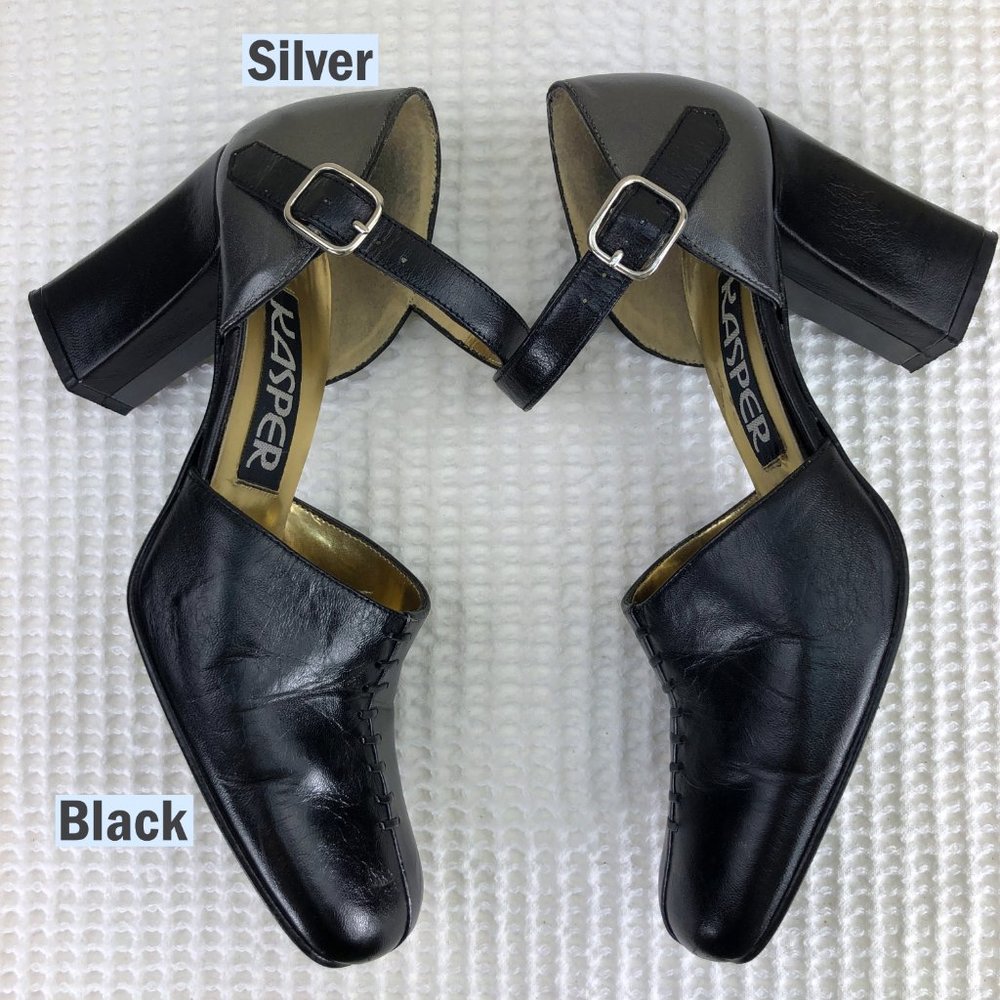 KASPER silver & black leather block heels - SZ 6.5 - Picture 6 of 10